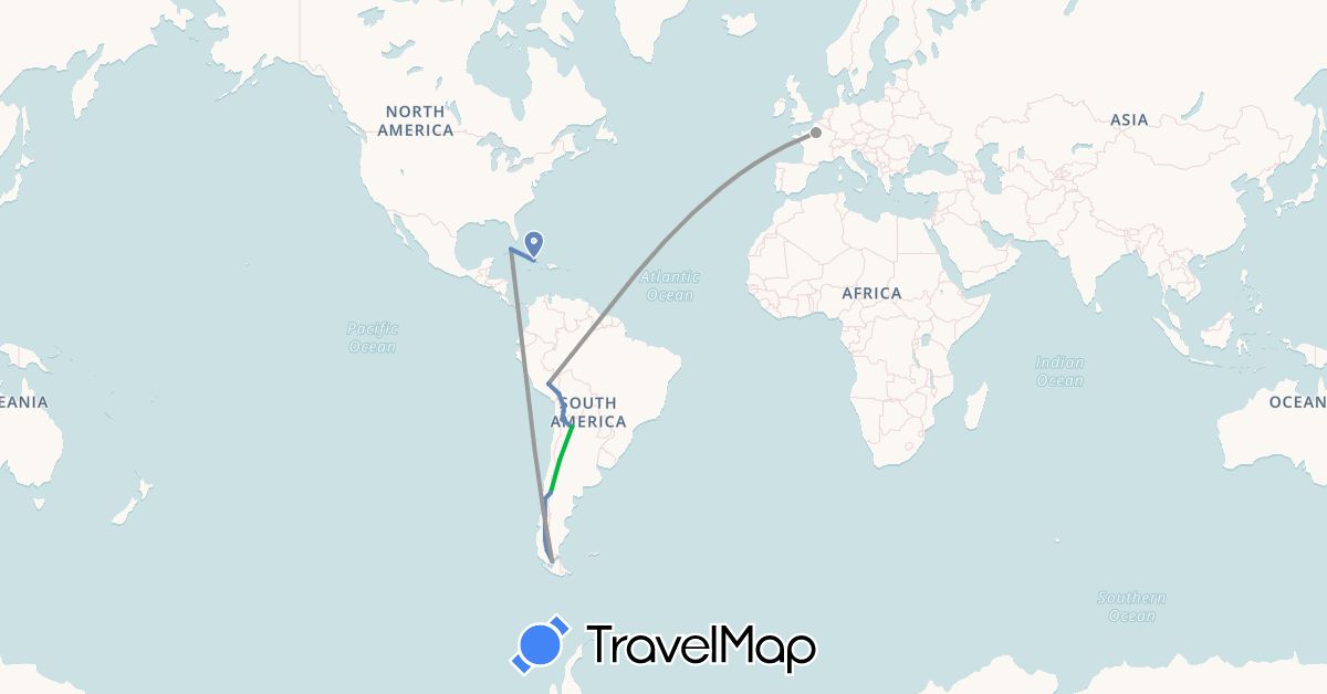 TravelMap itinerary: bus, plane, cycling in Argentina, Bolivia, Chile, Cuba, France, Peru (Europe, North America, South America)