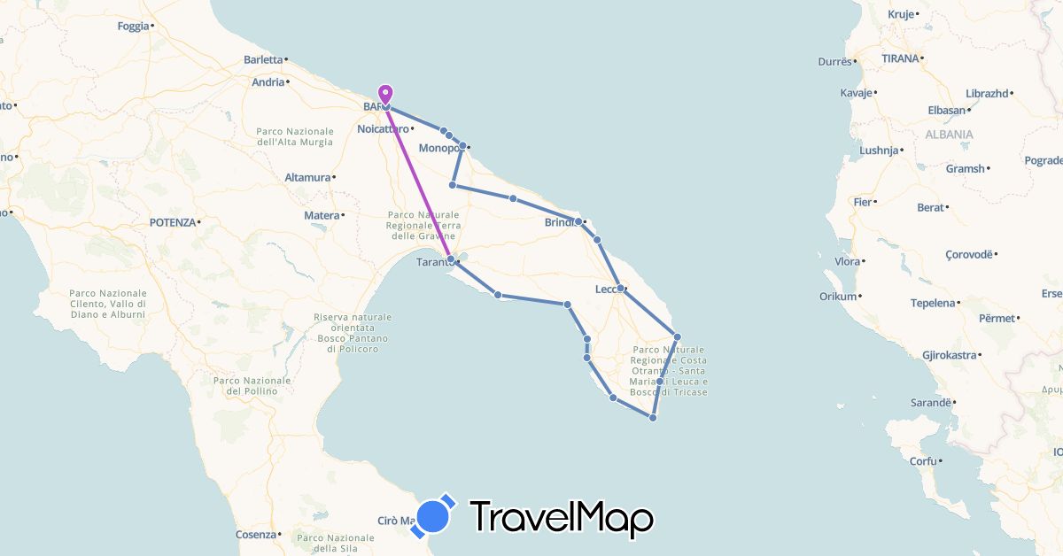 TravelMap itinerary: driving, cycling, train in Italy (Europe)