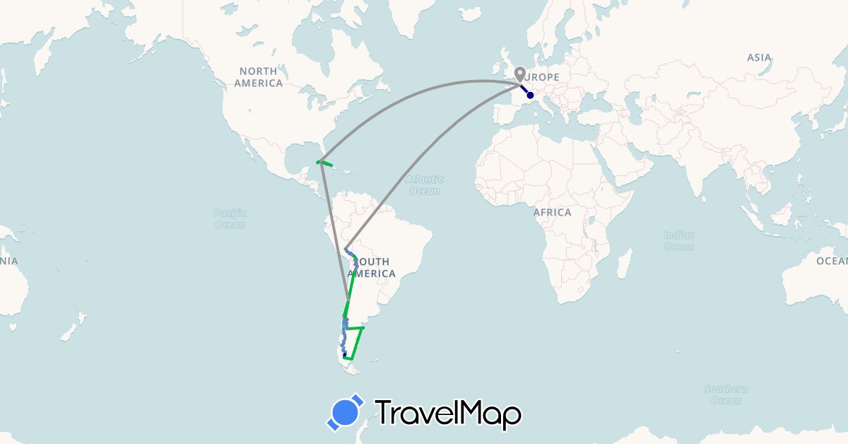 TravelMap itinerary: driving, bus, plane, cycling, boat in Argentina, Bolivia, Chile, Cuba, France, Peru (Europe, North America, South America)